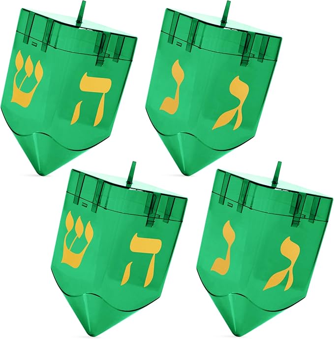 Large Fillable Dreidels for Hanukkah, Pack of 4 Plastic Dreidels Bulk, Green Large Dreidels That Bring Joy and Tradition to Every Celebration