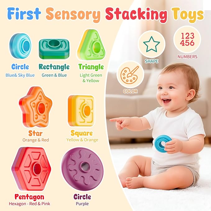 Baby Spinning Stacking Toys for Toddlers 1-3, Sensory Montessori Toys for One Year Old Girl Boy, Rainbow Ring Stacker Tower, Educational Learning Toy, Perfect Easter Christmas Birthday Gifts