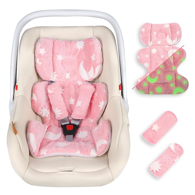 Infant Car Seat Insert Cushion, Baby Car Seat Head Body Support with 2 Extra Strap Paddings, Newborn Car Seat Insert for Baby Girls & Boys, Premature Carseat Cushion, Pink Moon and Star