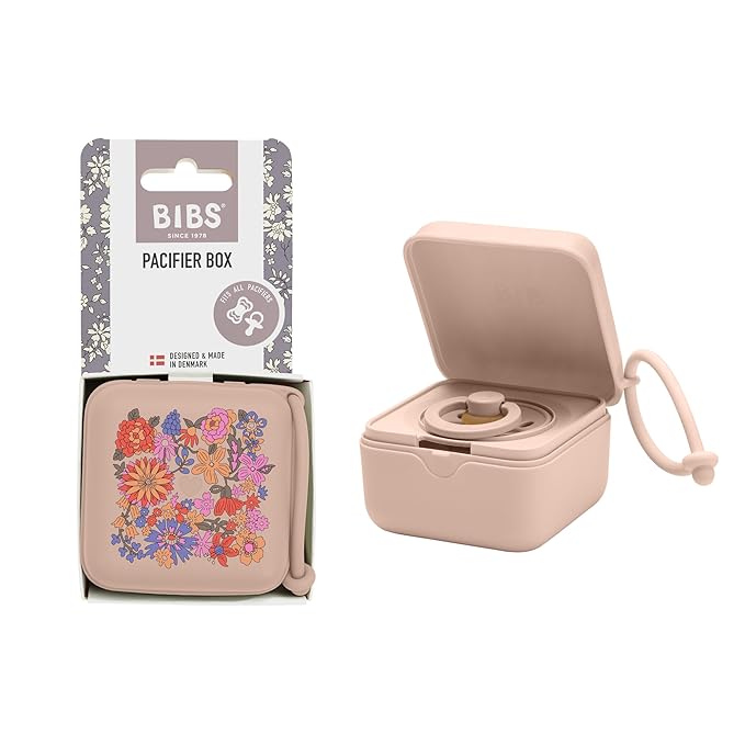 BIBS Liberty Pacifier Box with Strap. Soother Holder and Steriliser case. 100% BPA Free Food-Grade Material - June Blossom Blush