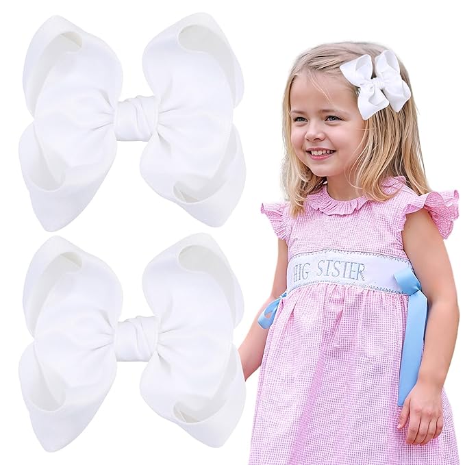 OAOLEER 2PCS 3.5inch Hair Bows for Girls，White Stain Ribbon Hair Bows Alligator Clips Hair Accessories for Back To School Teen Toddler Girls Kids (White)