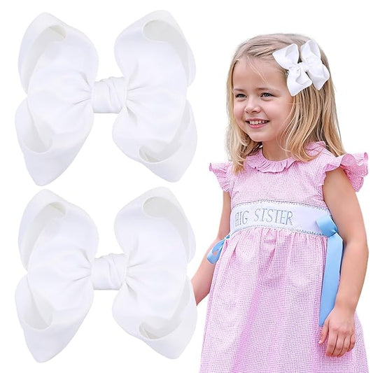 OAOLEER 2PCS 3.5inch Hair Bows for Girls，White Stain Ribbon Hair Bows Alligator Clips Hair Accessories for Back To School Teen Toddler Girls Kids (White)