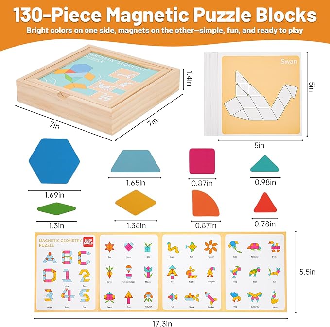 130 Pcs Wooden Magnetic Pattern Blocks Set, Montessori Tangram Puzzle with Pattern Cards & Storage Box, STEM Educational Toy for Toddlers & Kids Ages 4–8, Creative Gift for Boys & Girls