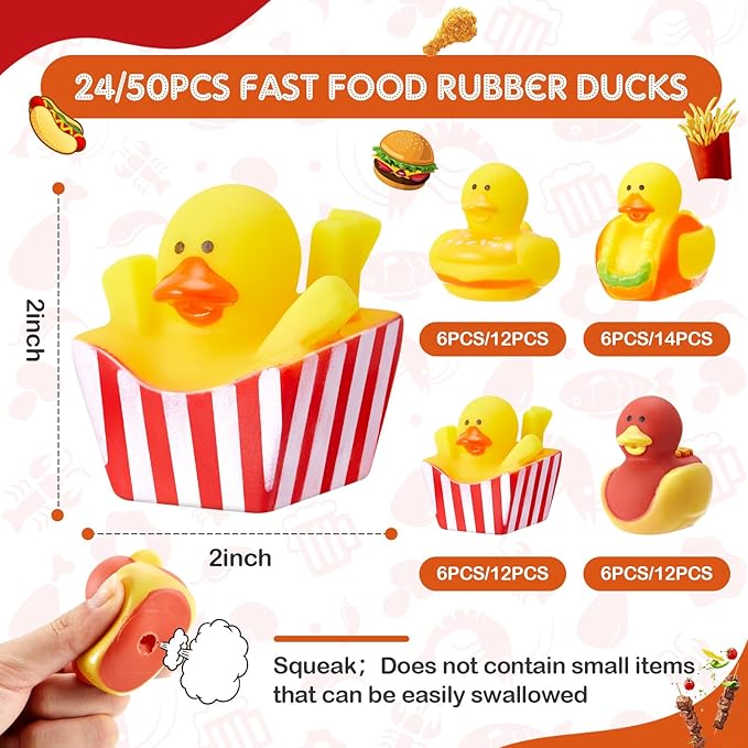 Deekin 50 Pcs Rubber Ducks 2" 4 Style Cute Ducks Bulk Small Assortment Duckies Pool Party Favors Decoration (Fast Food)