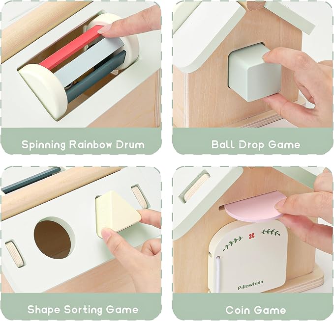 Pillowhale Montessori Activity Cube for Toddlers 1+, Wooden 5-in-1 Learning Toy with Object Permanence Box, Shape Sorting & Stacking, Fine Motor Skills Toy for Baby Boys Girls