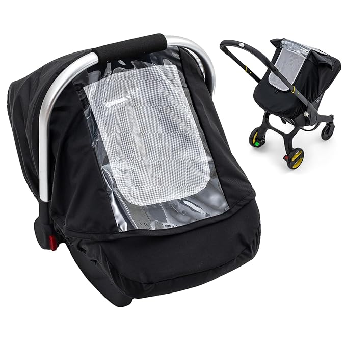 Waterproof Baby Car Seat Cover, Car Seat Rain Cover with Clear Window & Breathable Mesh, Universal Baby Carrier Cover with Support Rod to Prevent Collapse, Lightweight Weather Shield with Storage Bag