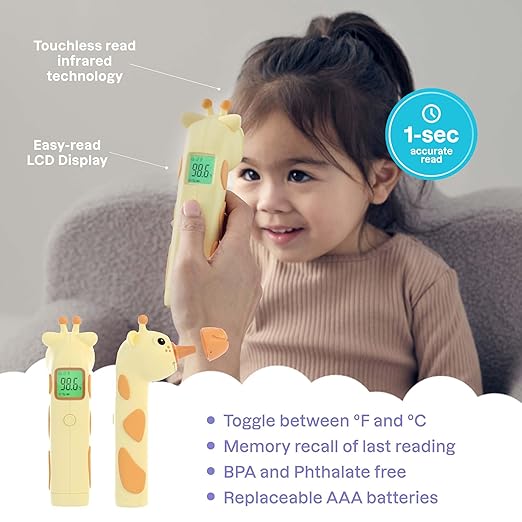 Playhouse MD Baby Thermometer for Kids – Digital Infrared No-Touch Forehead & Ear Thermometer, 3-in-1 Contactless Thermometer with Fever Indicator, Fever Buddy Giraffe