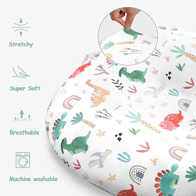 Newborn Lounger Cover, Baby Lounger Cover for Girls Boys, Soft Removable Slipcover Fits Newborn Lounger, Green Dinosaur (Cover Only)