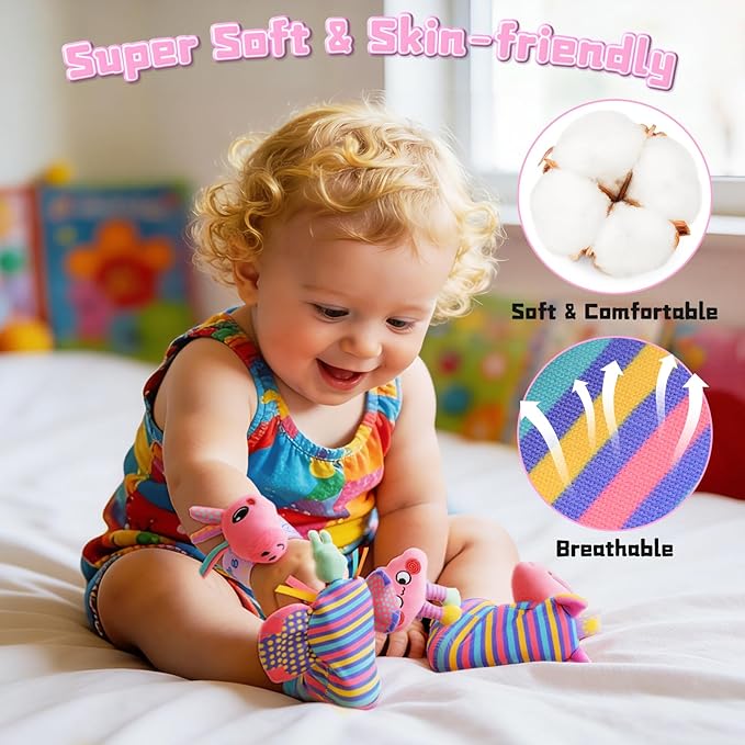 Baby Toys 0-6 Months, Rattle Socks and Wrist Sensory Toys for Infants, Socks and Foot Finder Set with Sound for Babies 6-12 Months, 0-12 Months Newborn Essentials Toy, Baby Girl Shower Gifts - Pink