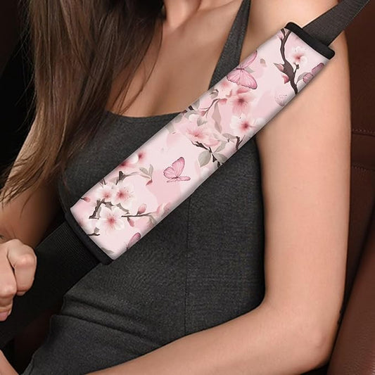AFPANQZ 2 Pack Car Seat Belt Covers for Women Pink Butterfly Flower Car Safety Seatbelt Pad Cushion Adjustable Universal for Most Car Laptop Backpack Luggage Bag Straps Pads