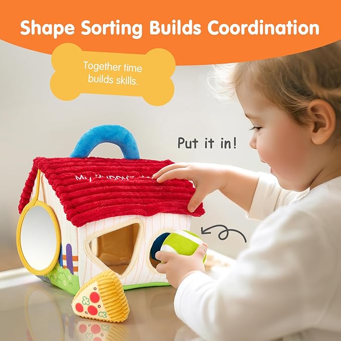 hahaland Montessori Toys for 1 Year Old – Plush Puppy Sensory Toy Set with Dog House, Rattle, Crinkle, Mirror & Shape Sorter, Pretend Play Learning Toy for Toddlers 1-3, Baby Easter Basket Stuffers