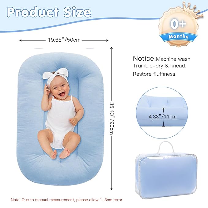 Baby Lounger 0-18 Months, Baby Lounger for Newborn, Soft Organic Cotton Breathable Lounger for Infants (Blue Baby Lounger)