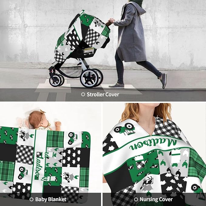 Personalized Baby Car Seat Canopy for Babies with Name, Custom Farm Theme Green Car Seat Covers for Boys Girls, Opening Minky Nursing Breastfeeding Stroller Cover Carseat Canopies for Infant Newborn