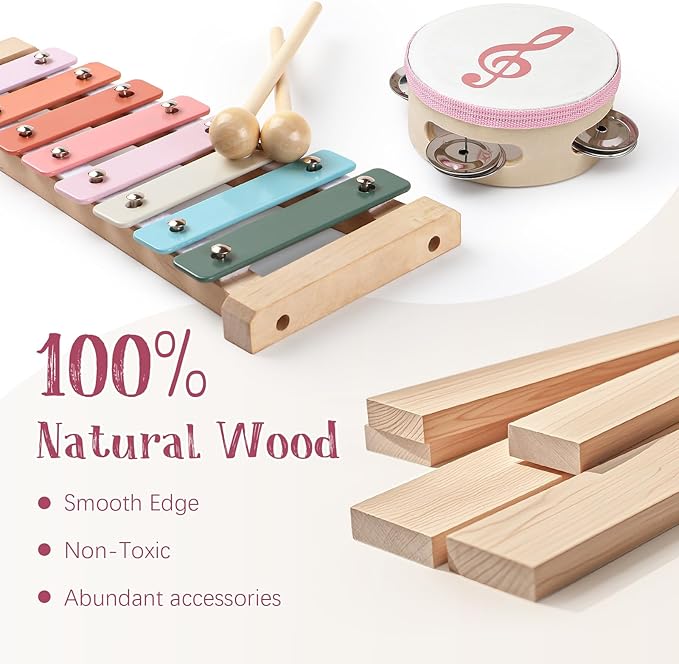 Toyssa Baby Musical Instruments, Montessori Wooden Musical Toys for Toddlers 2-3 with Xylophone Maracas Tambourine and Gift Box Kids Preschool Educational Birthday Gifts for 2 3 4 5 Year Old