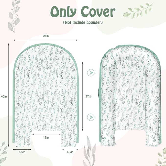 DILIMI Baby Lounger Cover, Cotton Baby Nest Replacement Cover for Girls Boys, Soft Breathable Reversible Newborn Lounger Cover, Green Leaf (Only Cover)