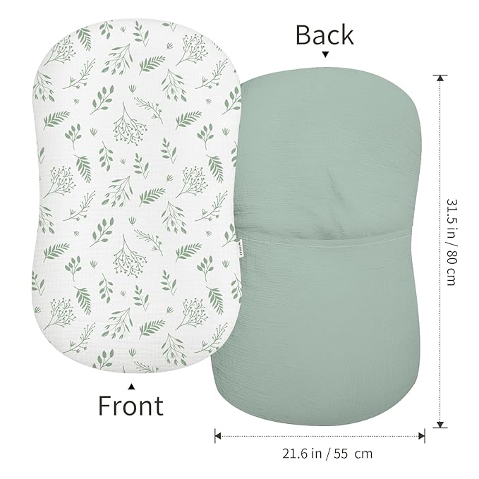 Muslin Baby Lounger Cover 2 Pack, Soft Breathable Newborn Lounger Pillow Cover for Boys Girls Infant (Leaf C & Sage)