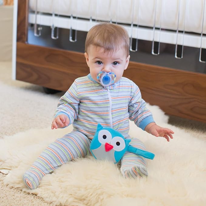 J.L. Childress Pacifier Pal - Pacifier Holder Case and Toy - Plush Binky Holder Toy - Developmental Toy Helps Calm Baby in The Car - Opens with One Hand - Fits 2-3 Binkys - Teal Owl
