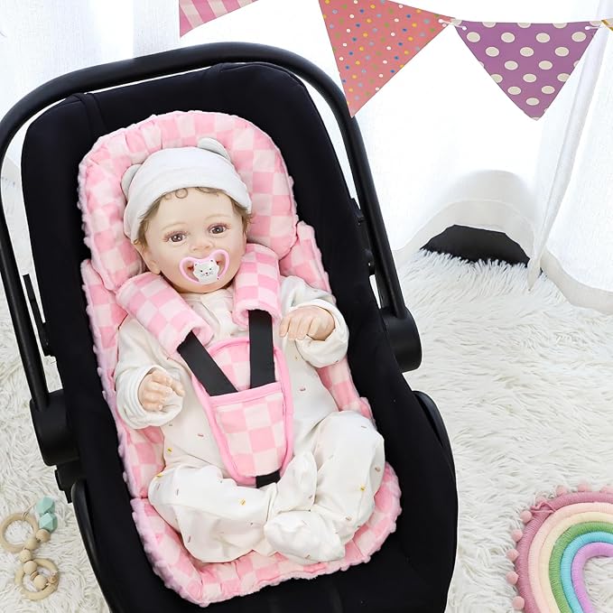 4 in 1 Infant Car Seat Insert, Baby Car Seat Head Body Support for Girls & Boys, Reversible Newborn Car Seat Insert with 3 Extra Strap Paddings, Premature Car Seat Cushion (Pink)