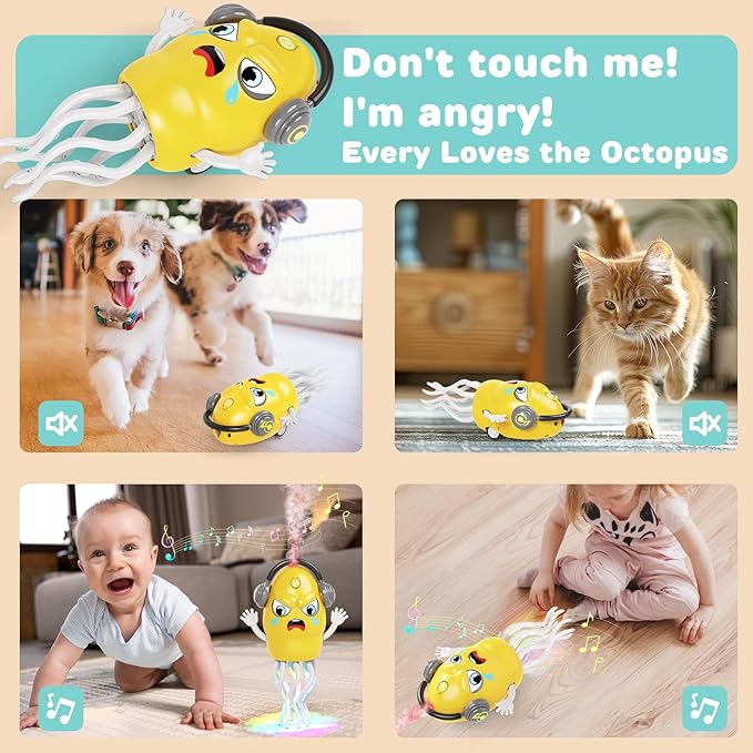 Dancing Squid Toy with Spray, Dancing Octopus Crawling Toys with Music and Lights, Electric Crawling Octopus Baby Toy, Tummy Time Squid Toys, Birthday Baby Gifts Christmas Stocking Stuffers (Yellow )
