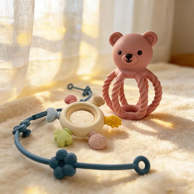 3Pcs Baby Silicone Teether Toy Set - Food-Grade Silicone Teething Relief Toys,Wooden Ring Teether Cute Bear Toy and Toy Straps for Babies 3-12 Months(Pink)