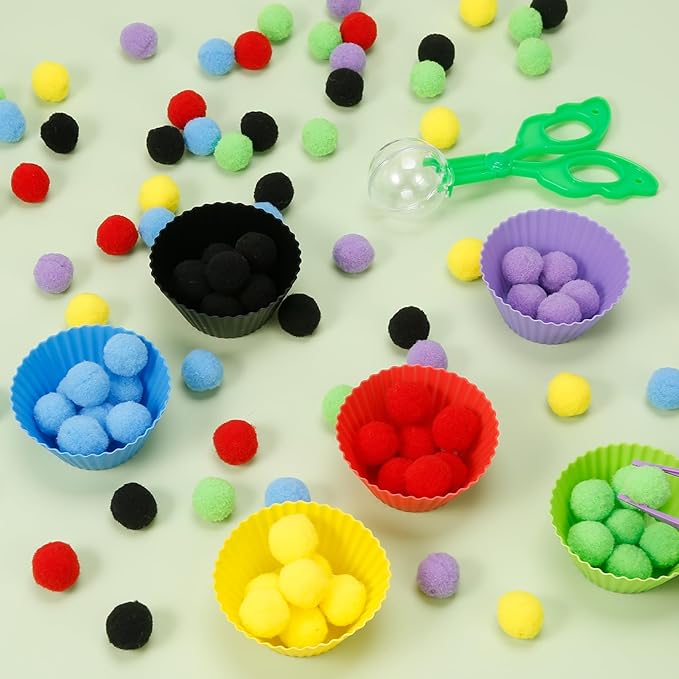 170 PCS Counting Sorting Fine Motor Skills Sensory Bin Filler Include 12 Sorting Bowls, 150 Pom Poms, 6 Tweezers, 2 Scooper Scissors for Kids Early Education, Sorting Counting Training