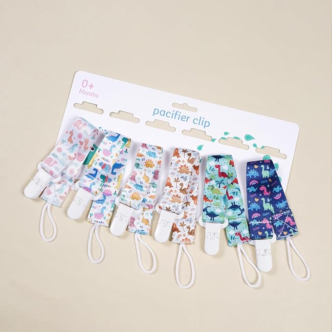 Baby Pacifier Clip,Paci Leash Binky Clips for Baby Boys and Girls,Newborn Essentials,Pack of 6 Gift Set. (Dinosaur)