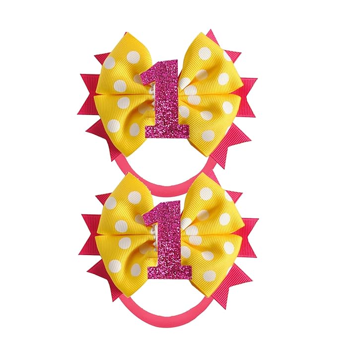 Birthday Hair Bow for Baby Girls - 2Pc Yellow Sprinkle Bow Headband for 1st Birthday Glitter Ice Cream Baby Party Decorations for Girls Toddlers Hair Accessories