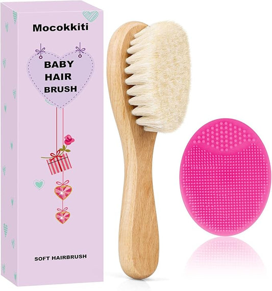 Baby Hair Brush, Goat Bristles Brush and Rose Red Baby Silicone Brush Set for Cradle Cap Wood Bristle Brush for Newborns and Toddlers (2 Piece)
