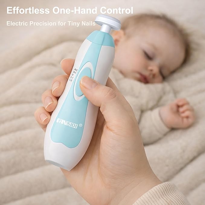 Fansidi Upgraded Baby Nail Trimmer Electric | Easy & Safe Baby Nail File, Precise 4-Stage Gentle Nail Buffer + Nail Clippers for Newborn to Toddler, with 18 Grinding Heads & Soft LED Light, Blue