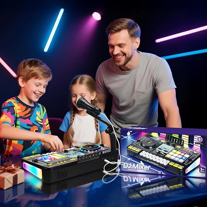 OZMI Kids DJ Music Mixer Table Board Set Toy with Microphone, Lights – Interactive Musical Toys for Ages 3-12 | 100+ Sounds, Piano Keys, Disco Mode, Rechargeable for Kids Boys & Girls