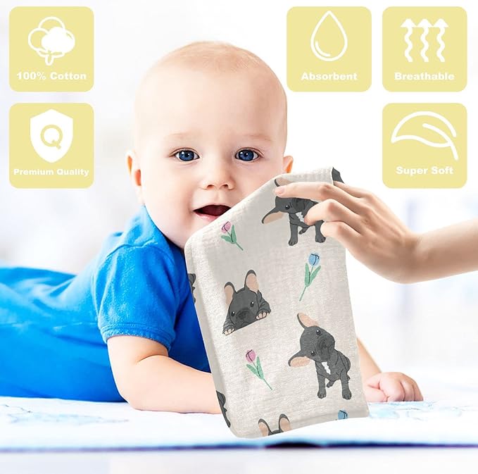 vvfelixl Baby Cotton Washcloths Black French Bulldog Infants Bath Towel for Unisex Face Towels for Newborn, Natural Baby Wipes Delicate Skin, 11.8 X 11.8 inch, one sizex3