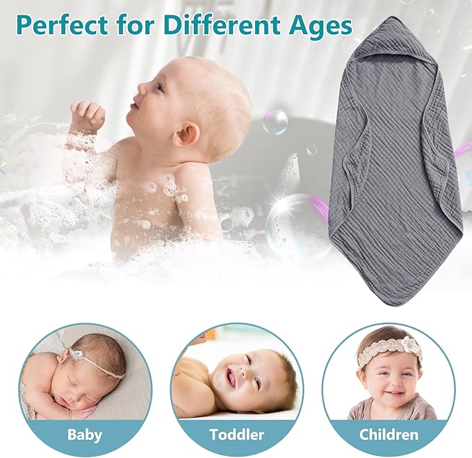 PHF 2 Pack Baby Hooded Towels, 100% Muslin Cotton Baby Bath Towel with Hood for Newborn, Infant, Toddler, Ultra Soft and Absorbent Baby Essentials Bath Towels for Boys Girls, 32x32Inch, White & Grey