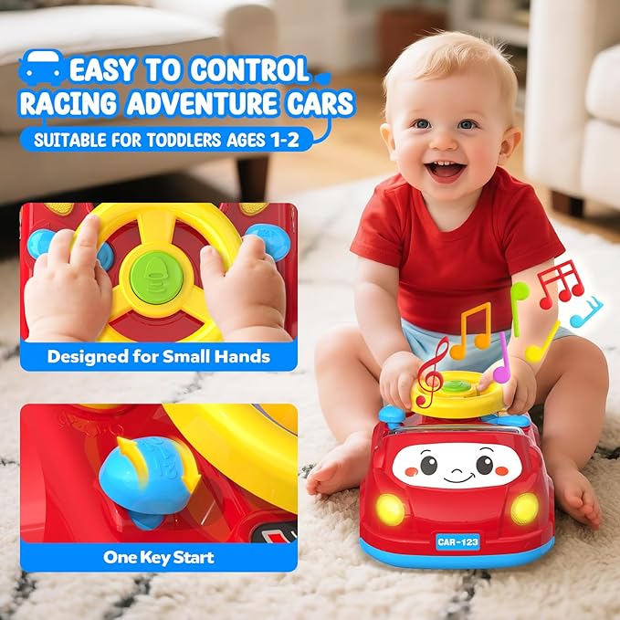 Toys for 1 Year Old Boy Gifts - 2-in-1 Toddler Push Car & Musical Racing Adventure Steering Wheel Driving Game, Interactive Simulated Driving Car for Baby 12-18 Months, Birthday Gift Ages 1-2, Red