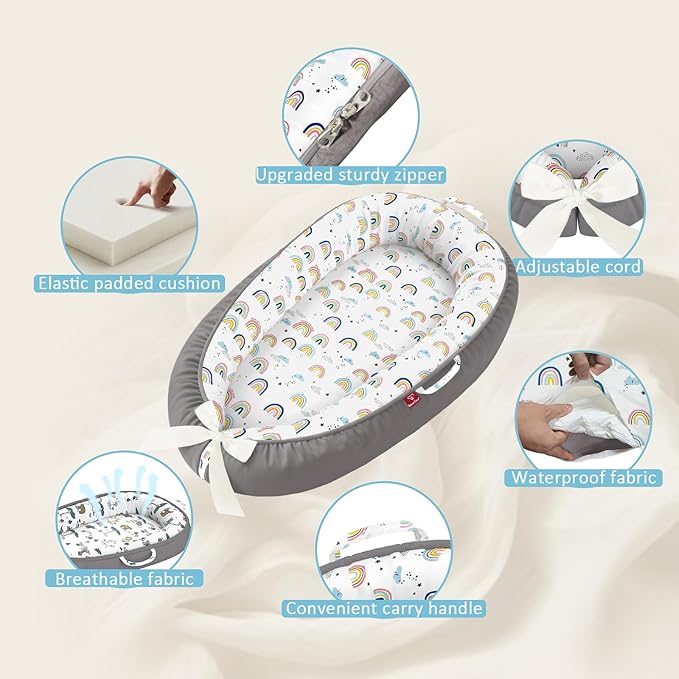 Baby Lounger - 100% Cotton Baby Lounger for Newborn with Lounger Cover, Portable Baby Nest for Home and Travel, Waterproof Lining, Newborn Babies Essentials Gifts