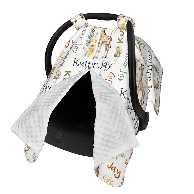 Personalized Winter Carseat Cover for Baby Custom Name Car Seat Canopy for Newborn Baby Boys Girls 2 in 1 Mom Nursing Breastfeeding Covers Giraffe Minky Baby Carrier Stroller Covers