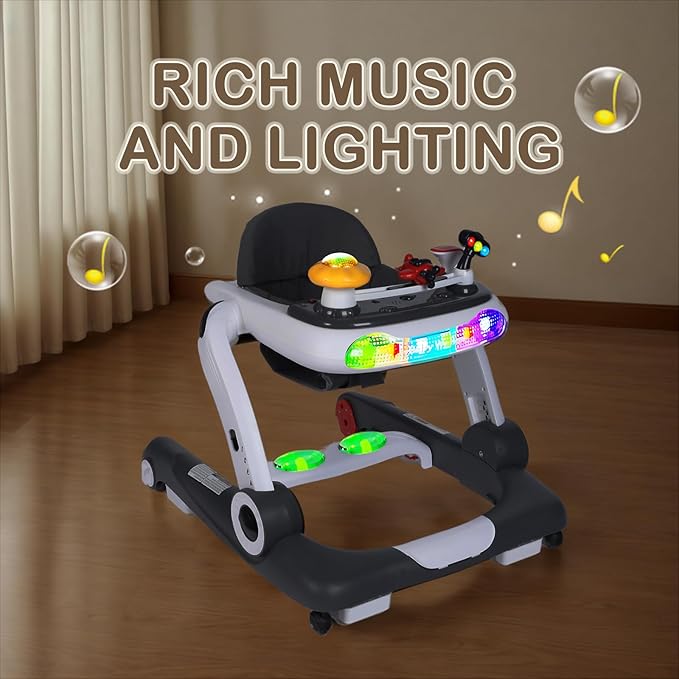 Kinder King Baby Walker with Music & Lights, 5 in 1 Baby Activity Walker with Wheel, Adjustable Height & Seat, Learning-Seated & Toddler Walk-Behind, Safety Bumper, Infant Walker Anti-Rollover, Grey