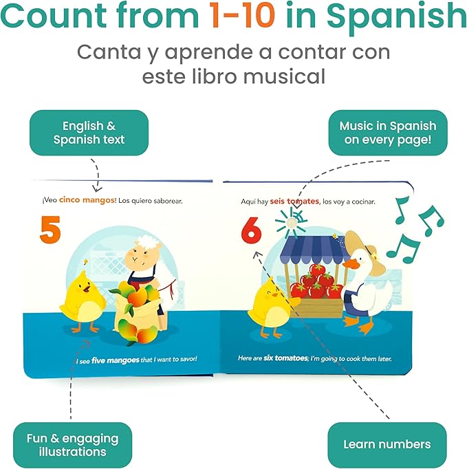 Binibi Counting at the Market – Bilingual Musical Sound Book for Kids 3–5, Learn Numbers in Spanish & English, Interactive Counting Book. Libro en Español para Niños