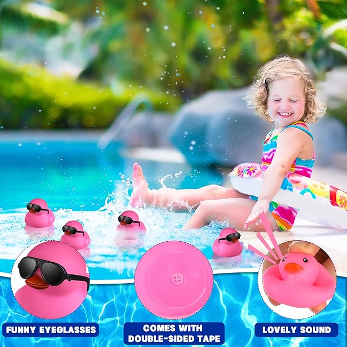 Chivao 12 Pcs Rubber Ducks with 12 Sunglasses/ Hats/ Headwear Small Mini Carnival Cruise Birthday Rubber Duckies Bathtub Toys in Bulk(Fresh Style,Black, Pink)