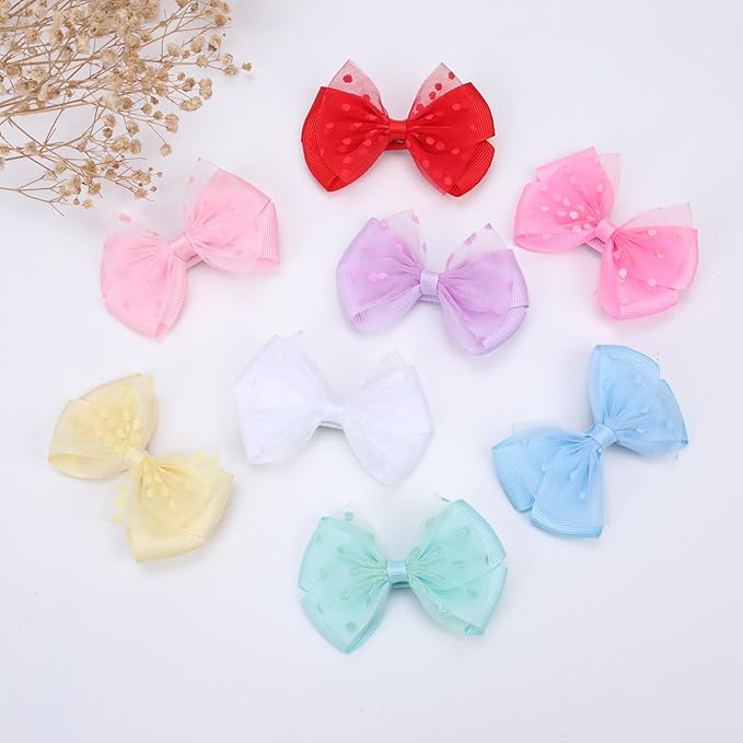Tiny 3 Inch Dot Organza Double Hair Bow Clips - Cute Lined Boutique Alligator Hairpin for Girls, Toddlers, and Little Teens - Kids Barrettes Set of 2 Small Stylish (Light Blue)