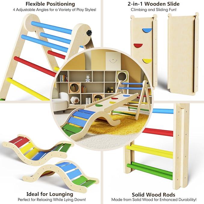 doowroodni Pikler Triangle Set 7in1 Toddler Climbing Toys Indoor Foldable Baby Climbing Toys Wooden Montessori Climbing Set with Arch, Ramp, Ladder for 1-3 Years, Jungle Gym for Kids Colored