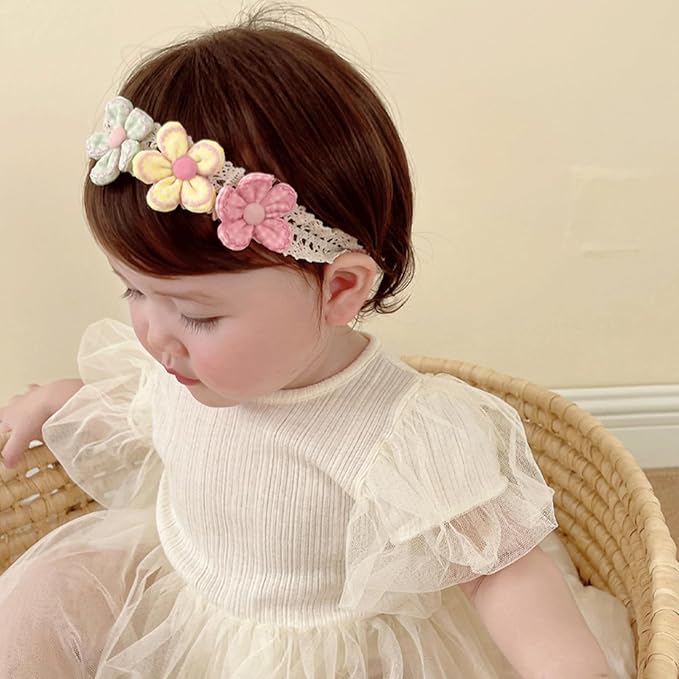 Baby Girls Hairbands Lace Flowers Headband Handmade Soft Stretchy Colorful Flower Hairband Newborn Headbands with Pearls Elastic Hairbands for Infant Head Band (Glossy Pink Bow