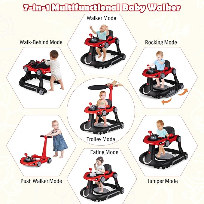 HONEY JOY Baby Walker, 7-in-1 Foldable Baby Bouncer and Rocker Combo, Infant Activity Center w/Canopy, Wheels, Adjustable Height/Speed, Music, Lights, Walker for Baby Boy Girl 7-18 Months (Red)