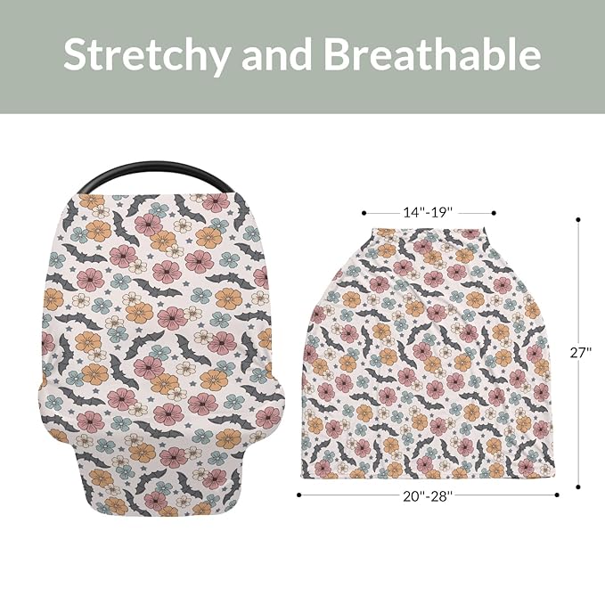 Boho Floral Halloween Bats Baby Car Seat Covers Vintage Fall Autumn Flowers Stretchy 5-in-1 Cover Adjustable Infant Carseat Canopy Cover Spooky Gothic Breathable Nursing Cover-Up