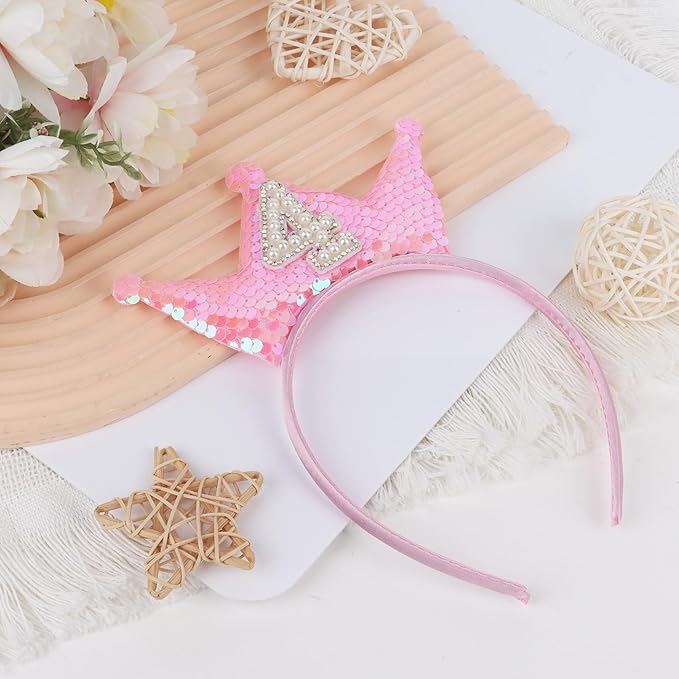 Birthday Crown Headband Pink Glitter Birthday Headbands for Girls 4 Year Old Girl Gifts 4th Birthday Decorations