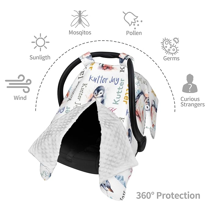 Personalized Winter Carseat Cover for Baby Custom Name Car Seat Canopy for Newborn Baby Boys Girls 2 in 1 Mom Nursing Breastfeeding Covers Penguin Minky Baby Carrier Stroller Covers