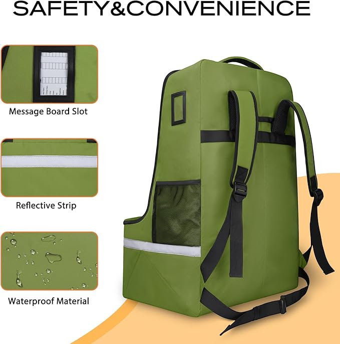 LARIPOP Car Seat Travel Bag for Airplane, Universal Gate Check Car Seat Bag, Padded Backpack with Waist Belt, Reflective Strips & Protective Feet, Fits Infant Convertible Booster Seats, Green