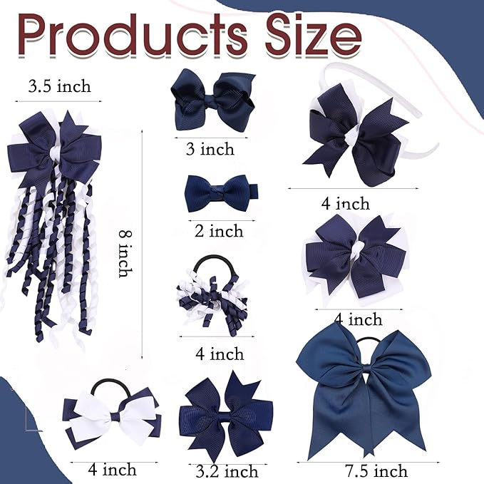 School Hair Accessories Set 14 Pcs Uniform Hair Bow Headband Clips Hair Ties Curly Korker Bows for Little Toddler School Girls (Navy&White)