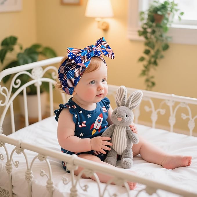 LemonSpace Handmade 4th of July Accessories,USA Baby Bows Premium Stretchy Soft Newborn Infant Baby Girls Boys Wraps Toddler Headbands Trendy and Classic Designs (Flag Star Print)