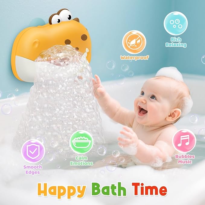 Baby Bath Toys, Rechargeable Dinosaur Bath Bubble Machine with Music, Bathtime Bathtub Toys for Toddlers Birthday Easter Gifts, Bubble Maker Toys for Kids Ages 1-3 4-8 Baby Gifts (Yellow)