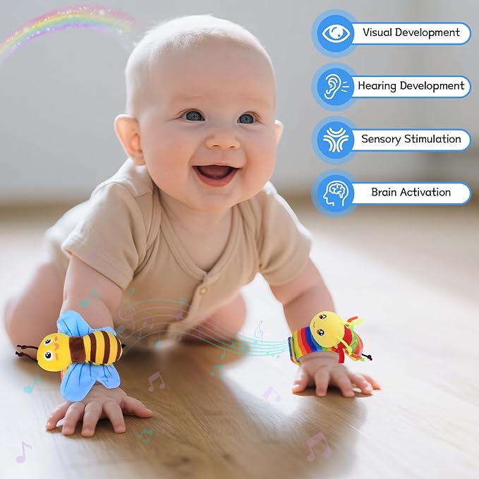Baby Sensory Toys 0-6 Months, Socks and Foot Finder Set with Sounds for Babies 6-12 Months, Wrist Rattles for Babies 0-12 Months, Newborn Essentials Toy, Toddler Baby Boy Girl Shower Gifts